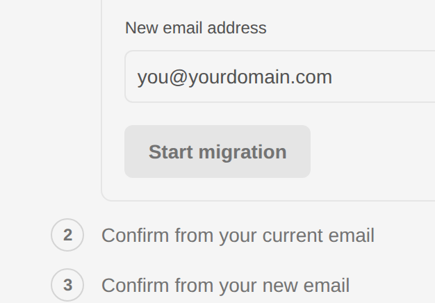 The first step of the email change, with the new address field and the Start migration button